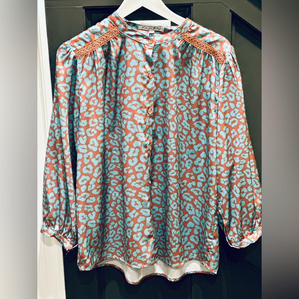 Joy Joy Turquoise and Brown Leopard Print Blouse